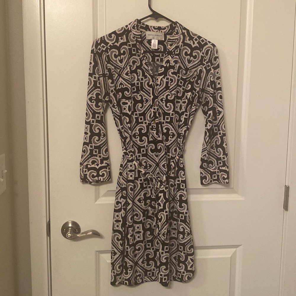 Donna Morgan Size 0 - Black & Gray Print Long Sleeve Mini Dress with Belt Tie